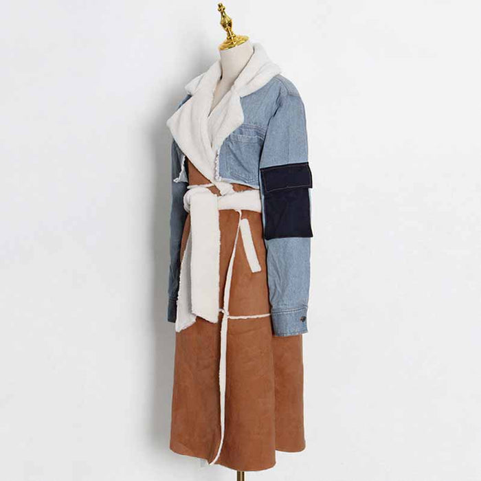 Womens Winter Warm Jean Jacket Stand Collar Wool Liner Denim Outerwear