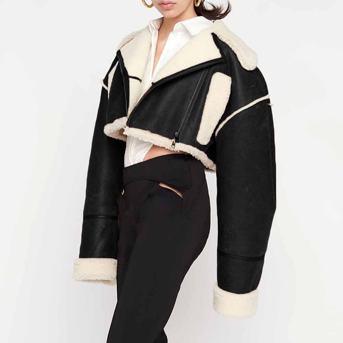 Women's Wool Liner Jacket Zip Up Faux Oversized Short Coat Jacket