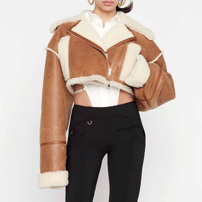 Women's Wool Liner Jacket Zip Up Faux Oversized Short Coat Jacket