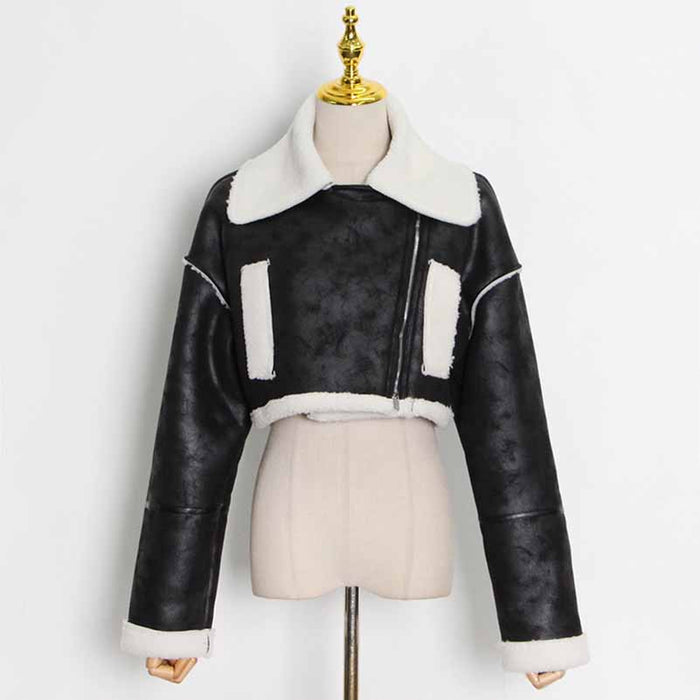 Women's Wool Liner Jacket Zip Up Faux Oversized Short Coat Jacket