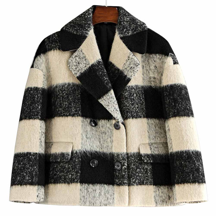 Women's Woolen Short Jacket Loose Black and White Coat