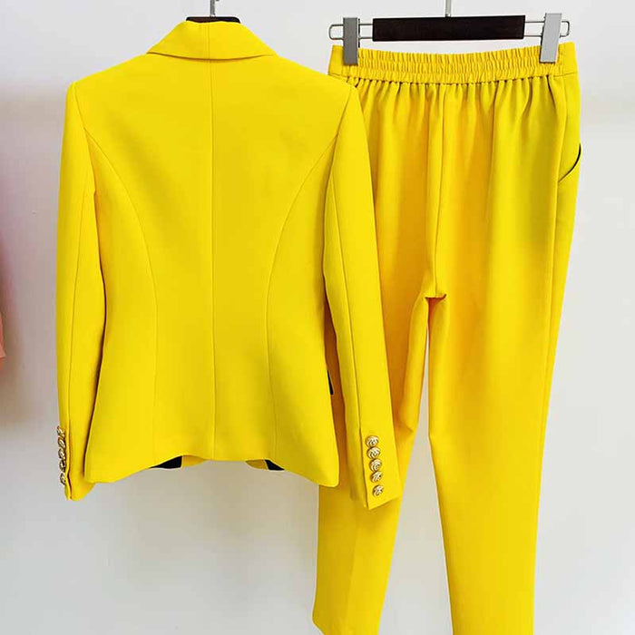 Womens Yellow Pantsuits Blazer + High Waist Nine-Point Suit Pants